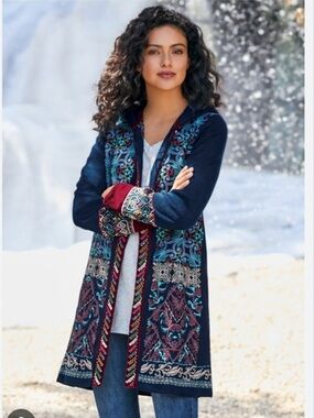 Soft Surroundings Lysa Embroidered Beaded Sweater Coat with Hood Size Small